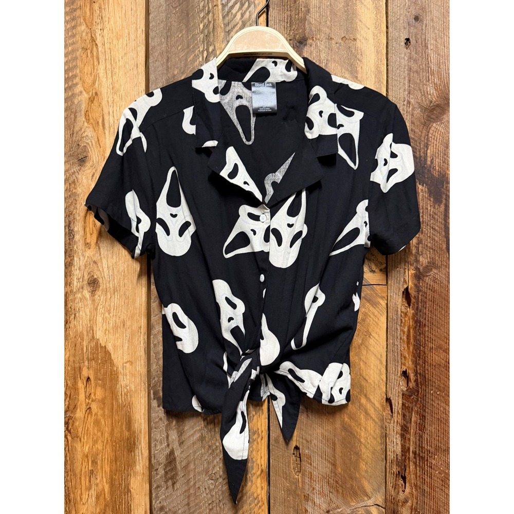 Ghost Face Tie Front Blouse Womens M Scream Halloween Goth Horror Grunge Y2K